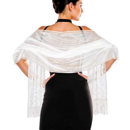 Jeffdad Women's Floral Lace Scarf Shawl wif Tassels for Women's Evening Dress Evening Party Mesh Wedding Shawls (White B) - Image 1