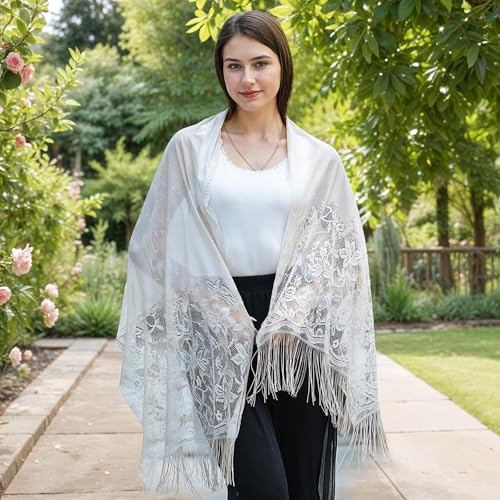 Jeffdad Women's Floral Lace Scarf Shawl wif Tassels for Women's Evening Dress Evening Party Mesh Wedding Shawls (White B) - Image 4