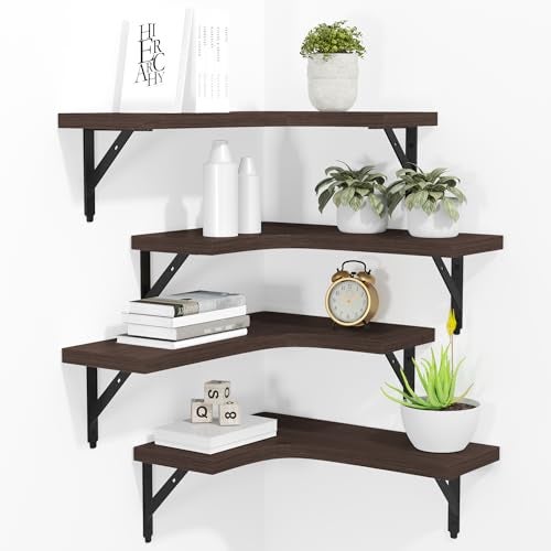 ROMGUAR CRAFT Corner Floating Shelves Wall Mounted Set of 4 Rustic Wood Storage Display Shelves for Home Decor Bathroom Kitchen Bedroom Living Room Office Brown - Image 1
