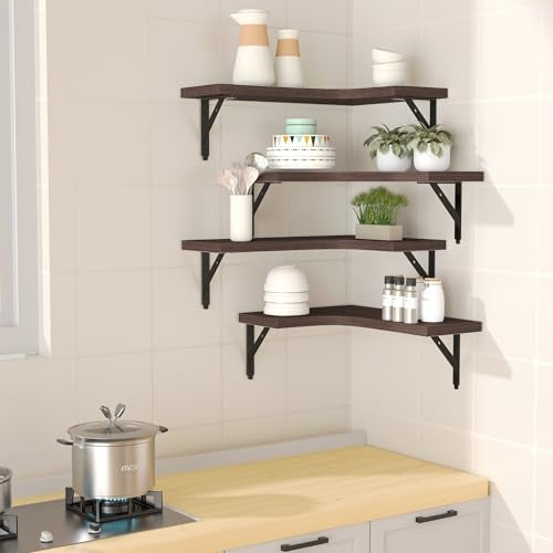ROMGUAR CRAFT Corner Floating Shelves Wall Mounted Set of 4 Rustic Wood Storage Display Shelves for Home Decor Bathroom Kitchen Bedroom Living Room Office Brown - Image 3