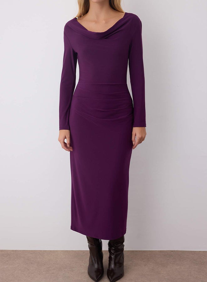 trendyol Plum Straight Gathered Boat Neckline Lined Bodycone/Fitted Maxi Knitted Dress - Image 3