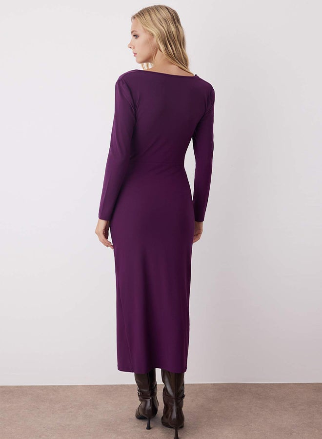 trendyol Plum Straight Gathered Boat Neckline Lined Bodycone/Fitted Maxi Knitted Dress - Image 4