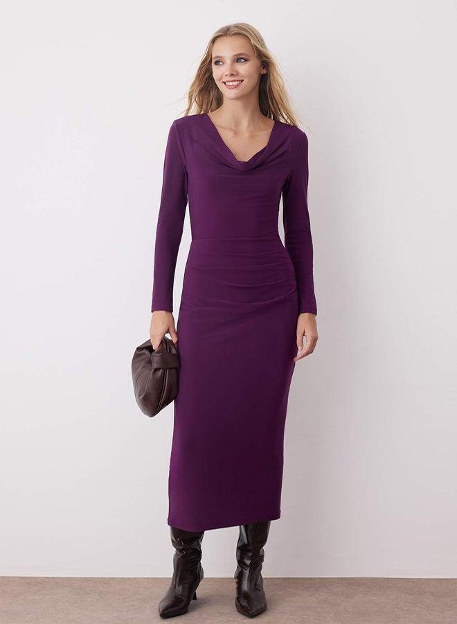 trendyol Plum Straight Gathered Boat Neckline Lined Bodycone/Fitted Maxi Knitted Dress - Image 1