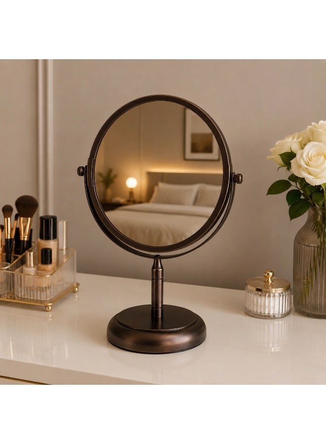 Round makeup mirror with two sides, one magnifying side and one normal side, 360 rotation, luxury design (brown color) - Image 2
