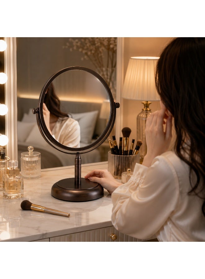 Round makeup mirror with two sides, one magnifying side and one normal side, 360 rotation, luxury design (brown color) - Image 3