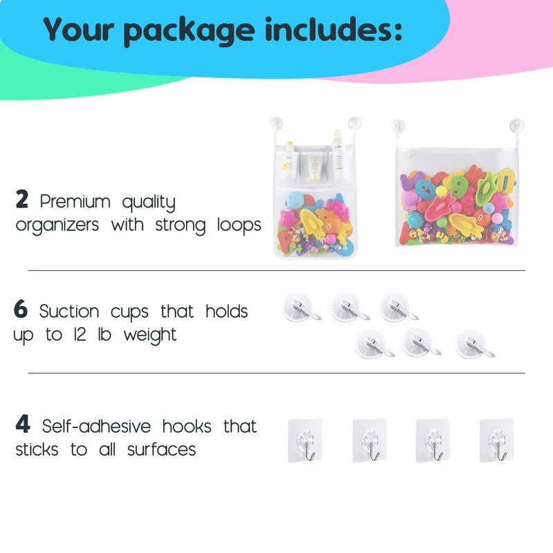 Comfylife 2 x Mesh Bath Toy Organizer + 8 Ultra Strong Hooks – The Perfect Bathtub Toy Holder & Bathroom or Shower Caddy – These Multi-use Net Bags Make Baby Bath Toy Storage Easy – For Kids & Toddlers  - Image 5