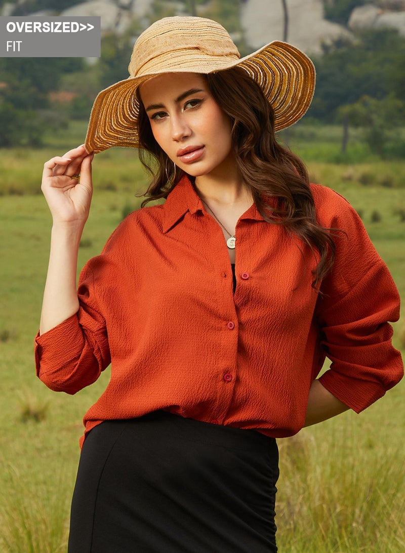 Campus Sutra Women's Rust Orange Textured Oversized Shirt - Image 1