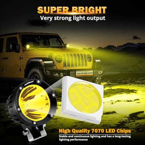 Auxbeam أوكسبيم 4 إنش 72 واط ضوء ضباب برتقالي، ضوء LED دائري للطرق الوعرة، 2 قطعة 7200 لومن ضوء برتقالي مع مجموعة أسلاك، ضوء قيادة فائق السطوع شعاع بقعة صفراء لجيب موتور SUV ATV UTV رانجلر - Image 2