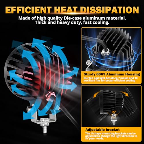 Auxbeam أوكسبيم 4 إنش 72 واط ضوء ضباب برتقالي، ضوء LED دائري للطرق الوعرة، 2 قطعة 7200 لومن ضوء برتقالي مع مجموعة أسلاك، ضوء قيادة فائق السطوع شعاع بقعة صفراء لجيب موتور SUV ATV UTV رانجلر - Image 4