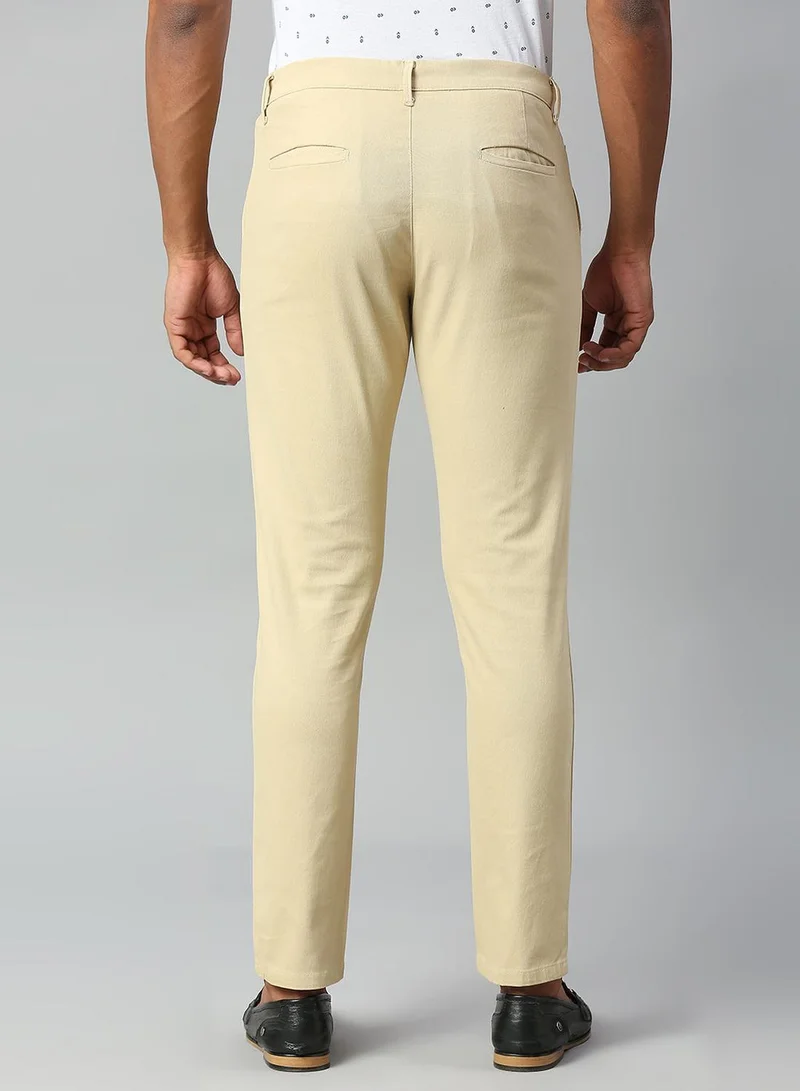 Dennis Lingo Men's Light Khaki Cotton Lycra Solid Full Length Chinos Slim Trouser