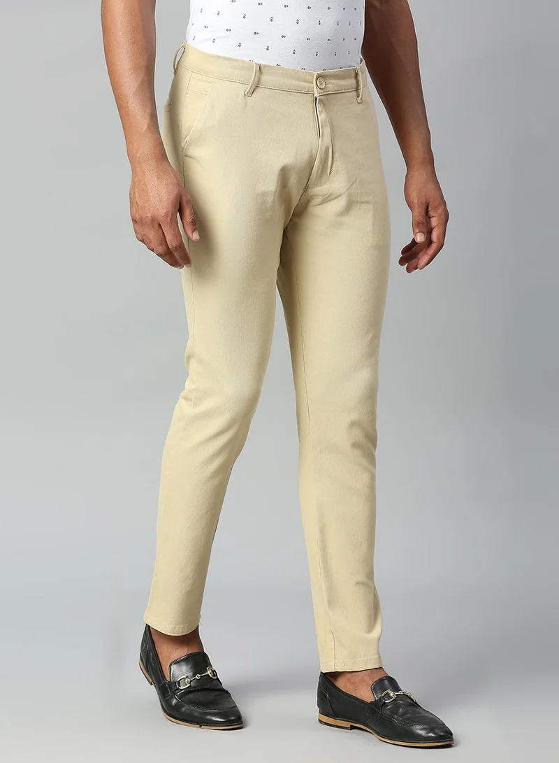Dennis Lingo Men's Light Khaki Cotton Lycra Solid Full Length Chinos Slim Trouser