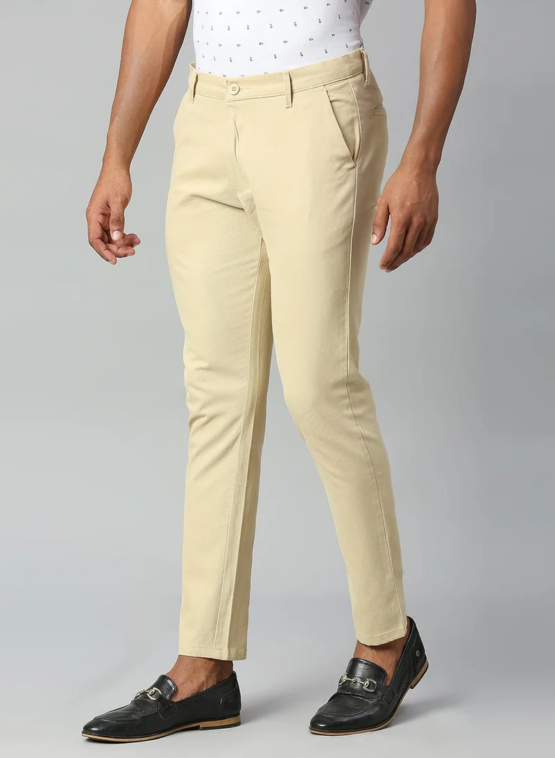 Dennis Lingo Men's Light Khaki Cotton Lycra Solid Full Length Chinos Slim Trouser