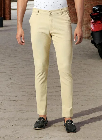 Dennis Lingo Men's Light Khaki Cotton Lycra Solid Full Length Chinos Slim Trouser