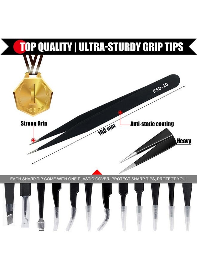 Antonki 12 Pack Tweezers, Precision Tweezers Set, Craft Tweezer Kit, Soldering Tweezers, Jewelry Tweezers, Pointed Ingrown Hair Tweezers, Eyelash Extension Tweezers, Eyebrow Tweezers - With Case - Image 3