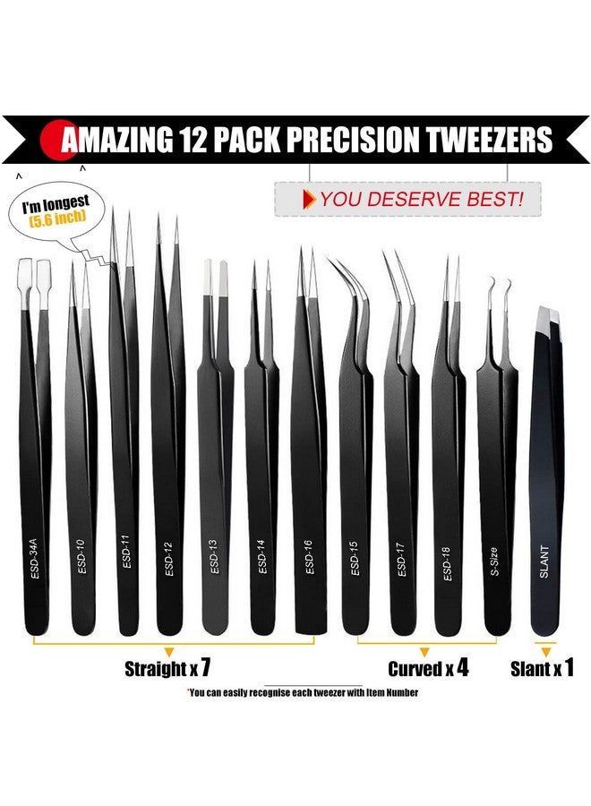 Antonki 12 Pack Tweezers, Precision Tweezers Set, Craft Tweezer Kit, Soldering Tweezers, Jewelry Tweezers, Pointed Ingrown Hair Tweezers, Eyelash Extension Tweezers, Eyebrow Tweezers - With Case - Image 2