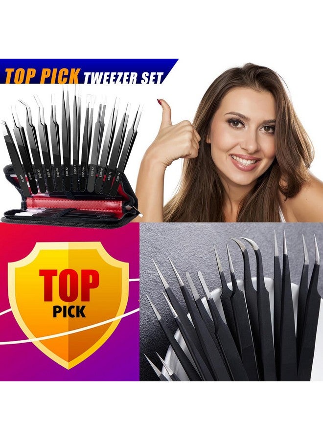 Antonki 12 Pack Tweezers, Precision Tweezers Set, Craft Tweezer Kit, Soldering Tweezers, Jewelry Tweezers, Pointed Ingrown Hair Tweezers, Eyelash Extension Tweezers, Eyebrow Tweezers - With Case - Image 1