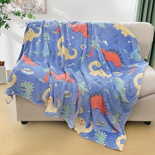 TONY STARK ULTRAAGLOW Glow in The Dark Blanket for Kids (0-15 Years, 200x152 Cm) Soft Flannel Fleece Throw, Cozy & Warm All-Season Radium Blanket, for Boys & Girls (Prehistoric Snooze) - Image 1