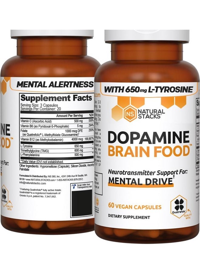 Natural Stacks - NATURAL STACKS Dopamine Focus Supplement w/L-Tyrosine - Promotes Mental Drive, Clarity & Focus - Dopamine Brain Food Supplement - Supports Mental Energy - 60 Capsules - Image 1