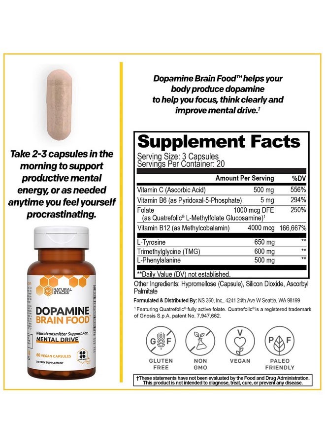 Natural Stacks - NATURAL STACKS Dopamine Focus Supplement w/L-Tyrosine - Promotes Mental Drive, Clarity & Focus - Dopamine Brain Food Supplement - Supports Mental Energy - 60 Capsules - Image 1