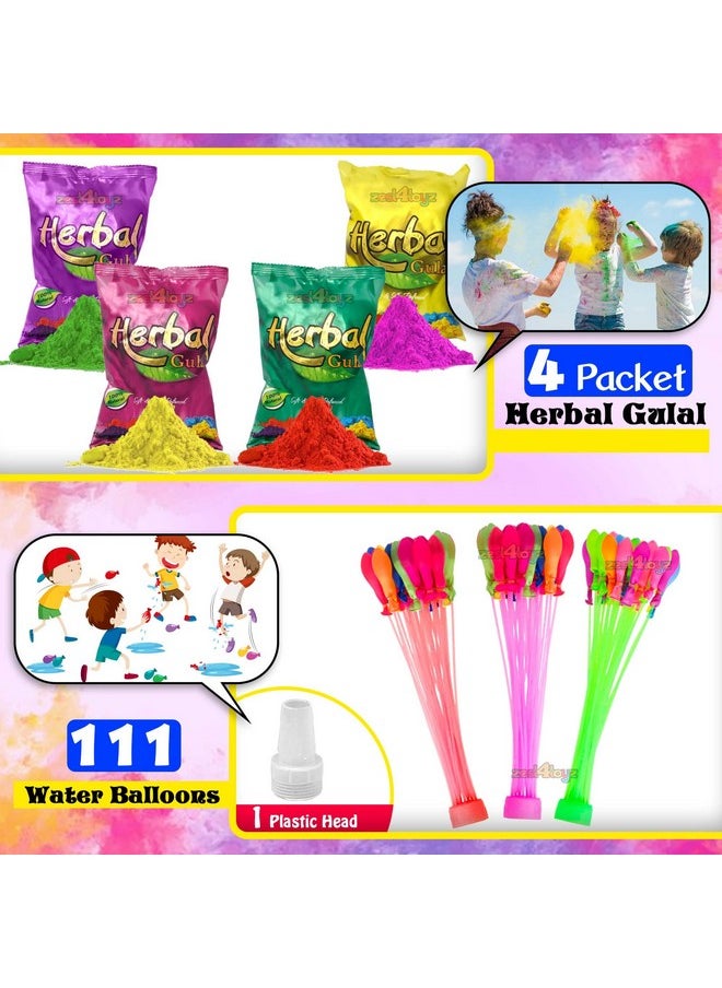 زيست فور تويز - مجموعة بالونات مائية سحرية من Zest 4 Toyz Holi للأطفال مع 4 بالونات مائية من أعشاب Holi Gulal بألوان زاهية سريعة التعبئة وسهلة الربط للاحتفالات بمهرجان هولي للأولاد والبنات (عبوة من 111 قطعة) - Image 1
