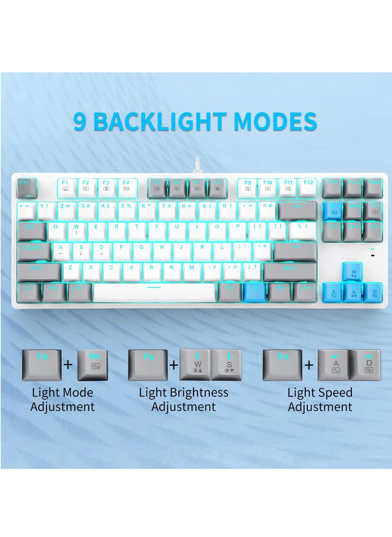 87key Gaming Keyboard, Compact Wired Computer Keyboard, with Mechanical Blacklight, Red Switch, for Windows Laptop PC Gamer, White Grey