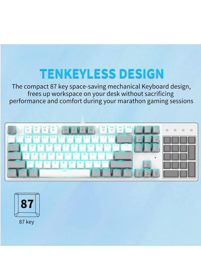 87key Gaming Keyboard, Compact Wired Computer Keyboard, with Mechanical Blacklight, Red Switch, for Windows Laptop PC Gamer, White Grey