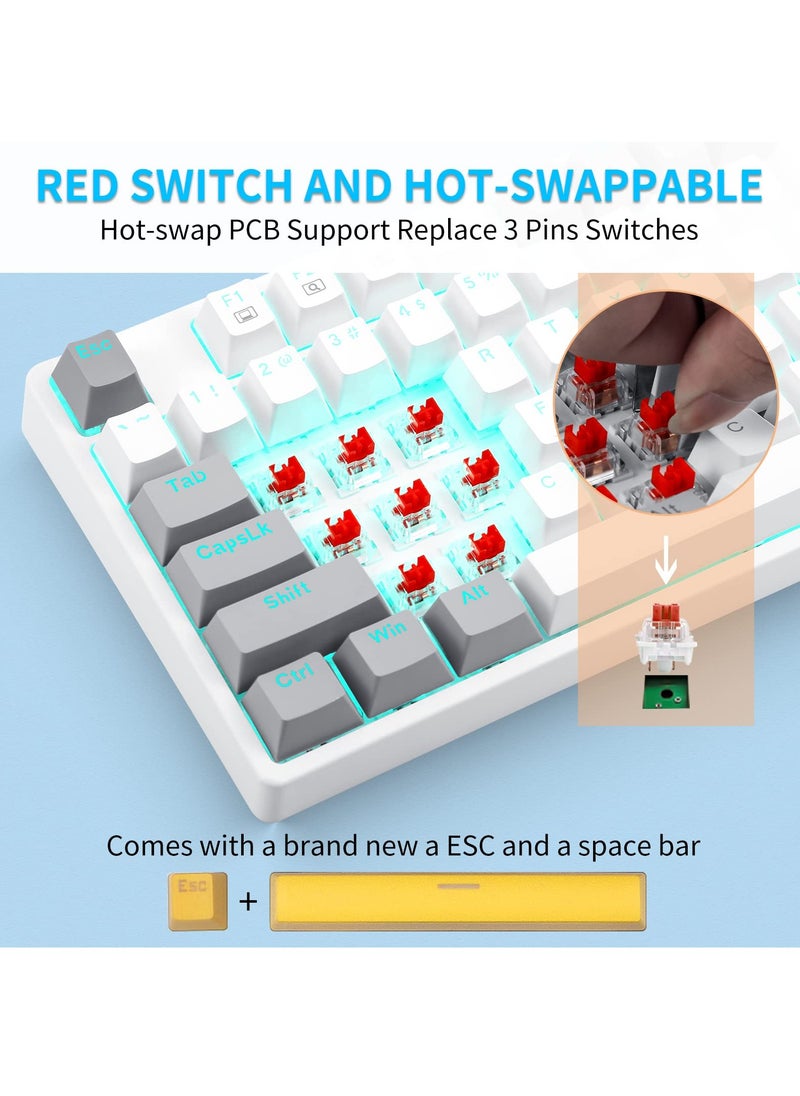 87key Gaming Keyboard, Compact Wired Computer Keyboard, with Mechanical Blacklight, Red Switch, for Windows Laptop PC Gamer, White Grey