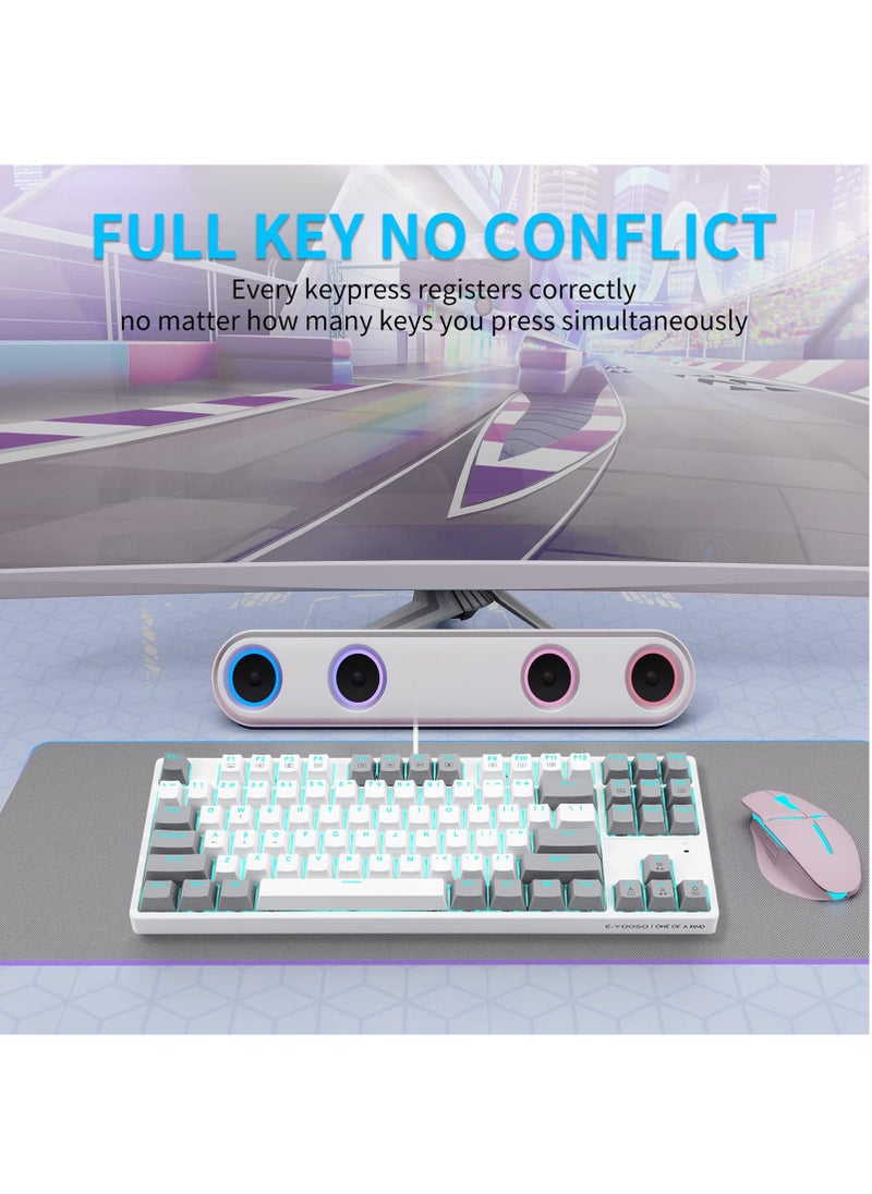 87key Gaming Keyboard, Compact Wired Computer Keyboard, with Mechanical Blacklight, Red Switch, for Windows Laptop PC Gamer, White Grey