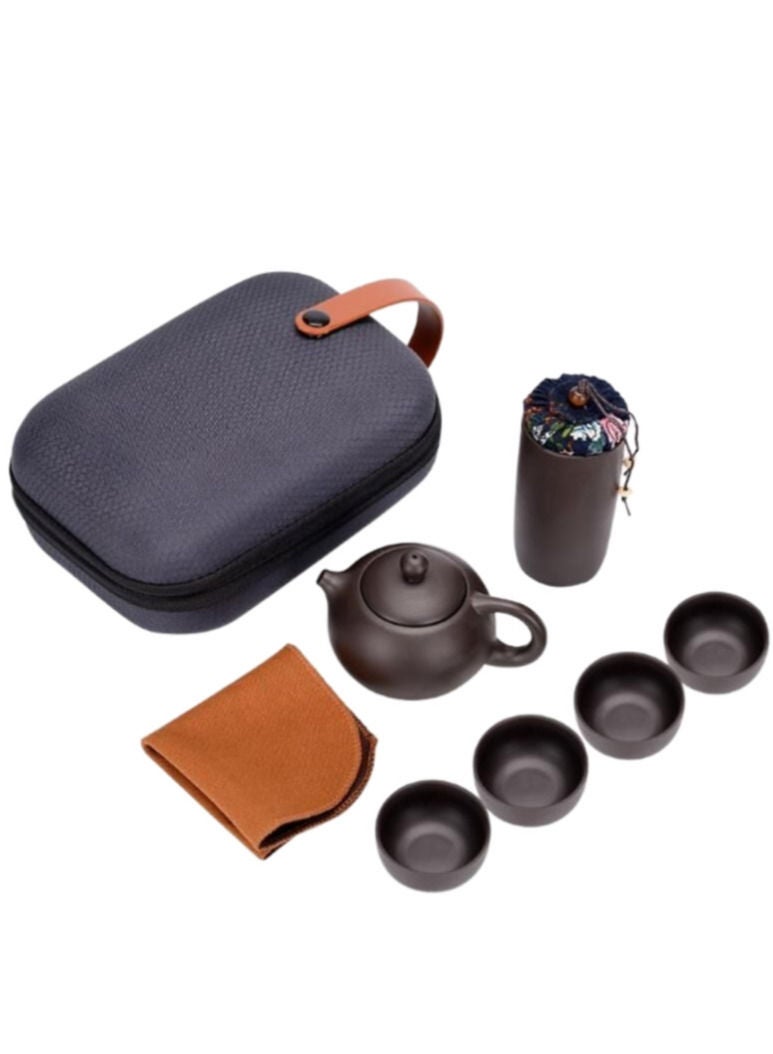 8-Piece Purple Sand Travel Tea Set Portable Tea Cup-Dark Brown