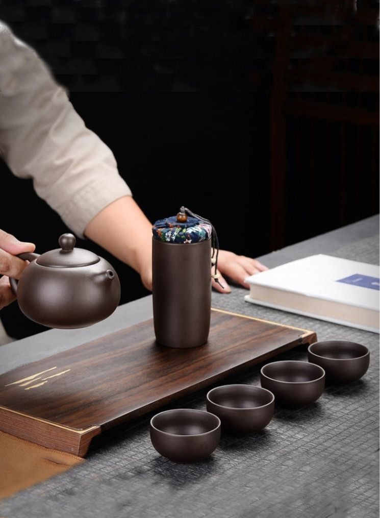 8-Piece Purple Sand Travel Tea Set Portable Tea Cup-Dark Brown