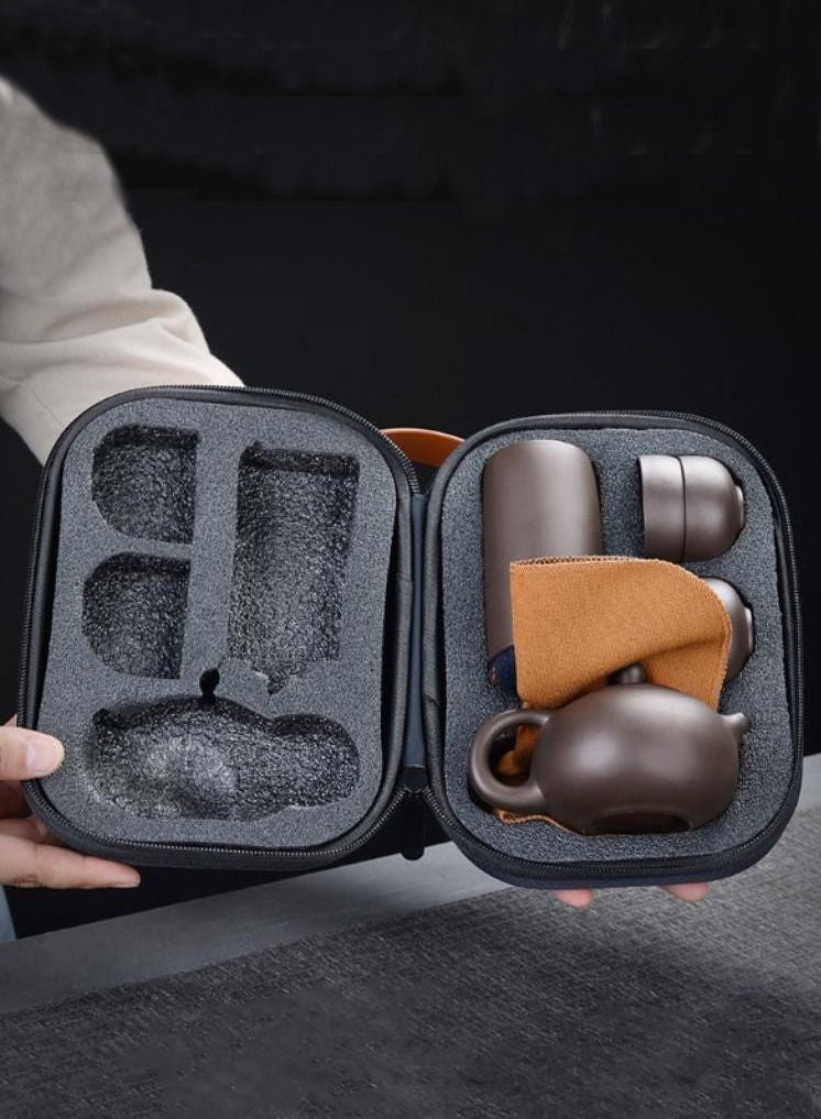 8-Piece Purple Sand Travel Tea Set Portable Tea Cup-Dark Brown