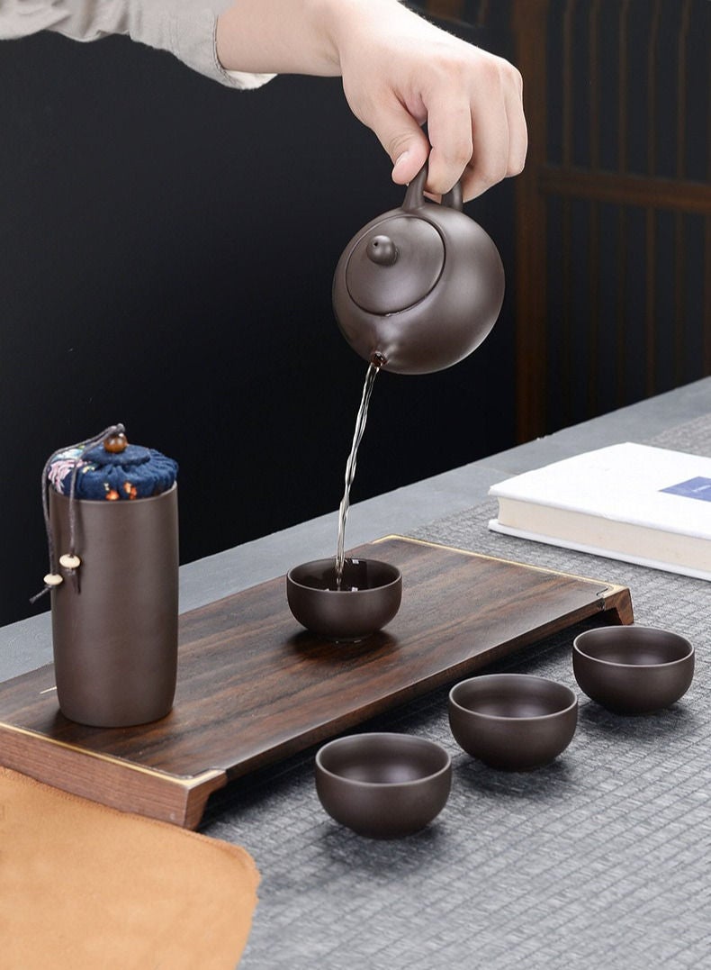 8-Piece Purple Sand Travel Tea Set Portable Tea Cup-Dark Brown