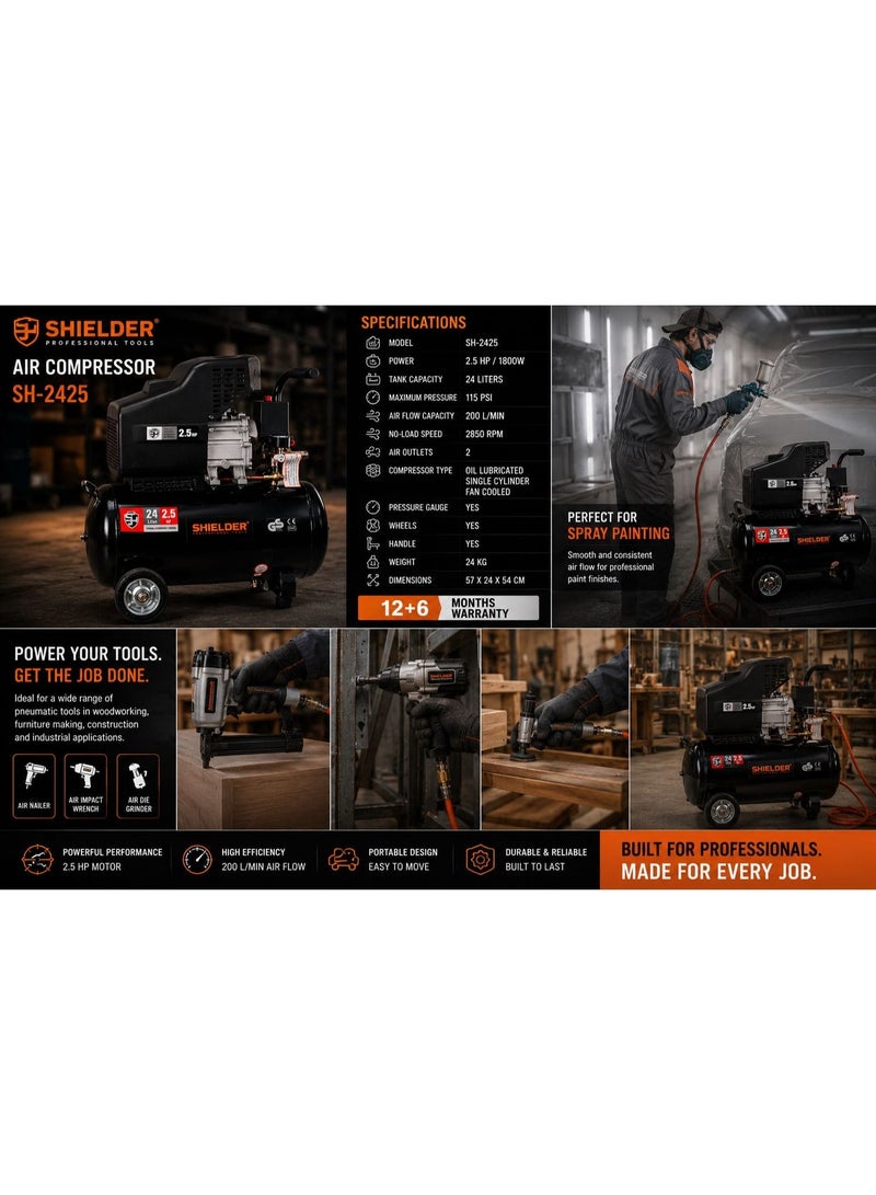 Shielder Air Compressor Oil Lubricated 24L Shielder SH-2425, 2.5HP 1800W, Dual Outlet, 115 PSI, 200L/min - Image 1