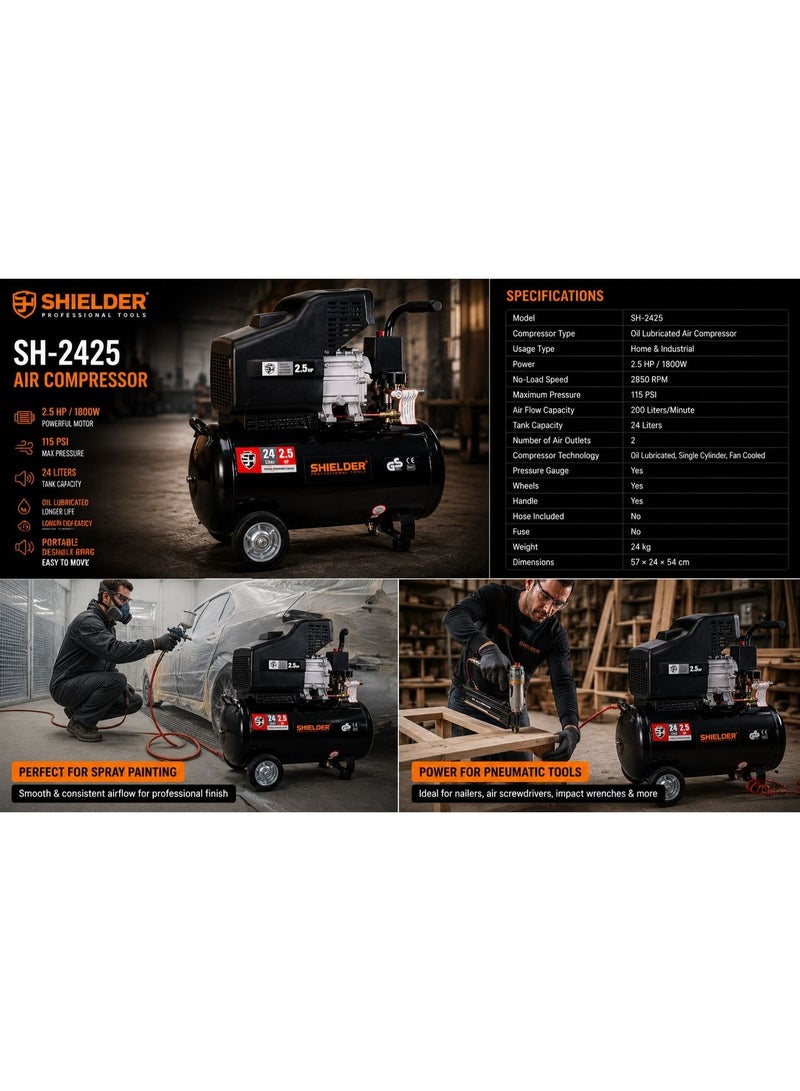 Shielder Air Compressor Oil Lubricated 24L Shielder SH-2425, 2.5HP 1800W, Dual Outlet, 115 PSI, 200L/min - Image 5