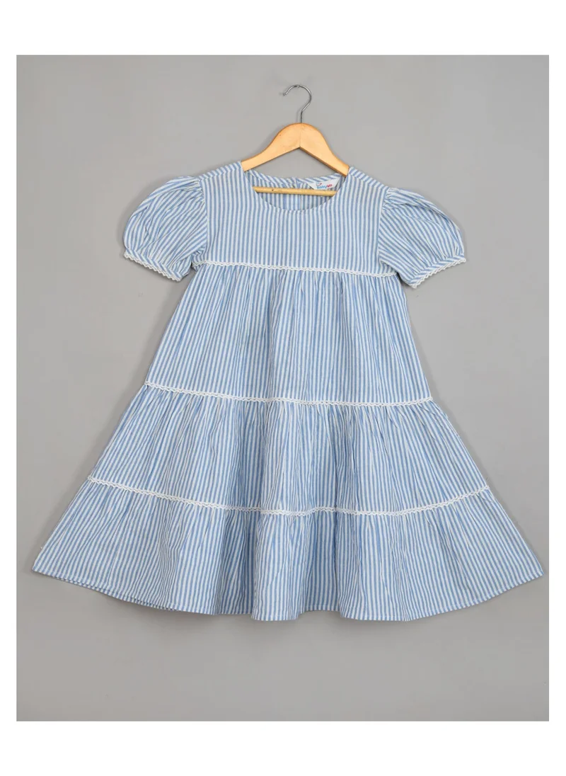 babyqlo Pure cotton sky blue stripe knee length dress with short sleeve for girls