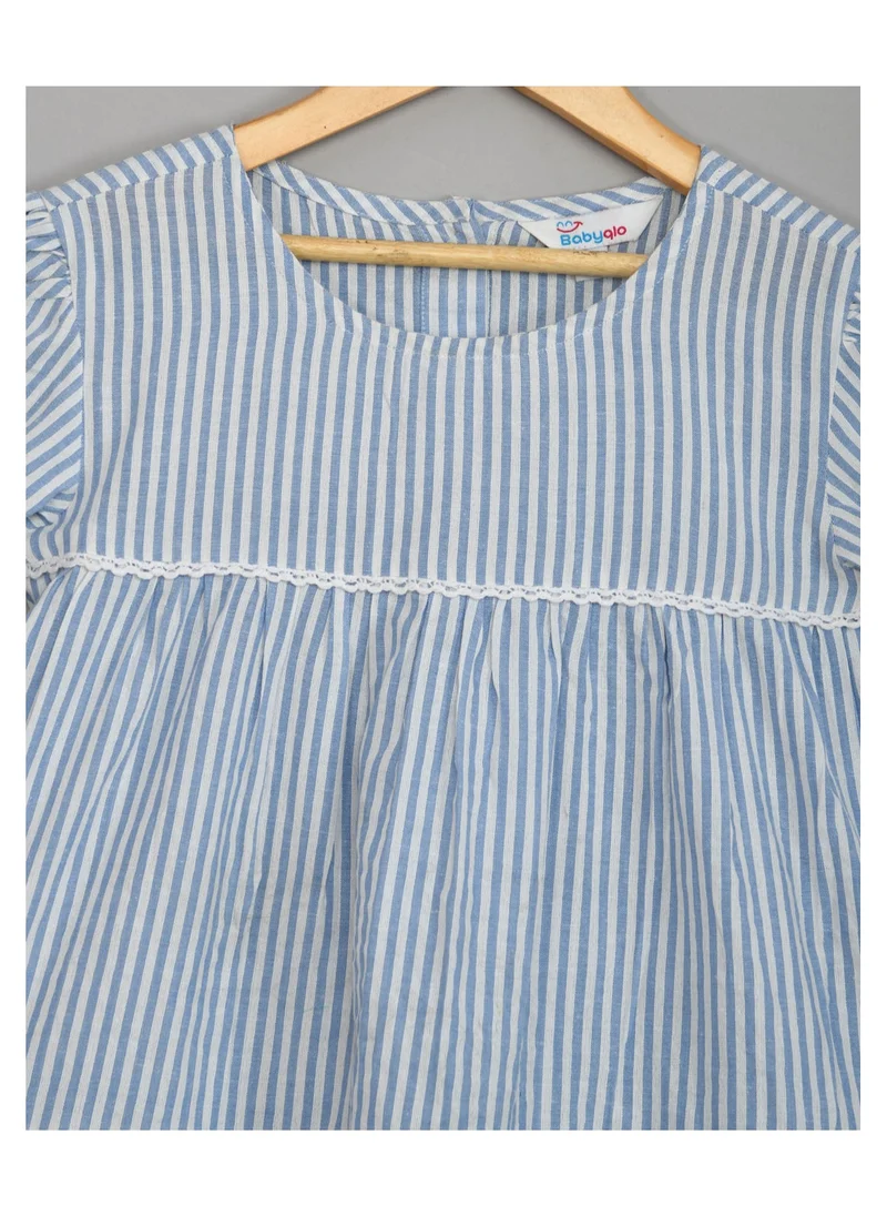 babyqlo Pure cotton sky blue stripe knee length dress with short sleeve for girls