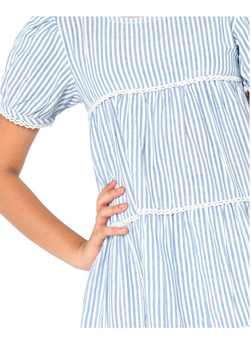 babyqlo Pure cotton sky blue stripe knee length dress with short sleeve for girls