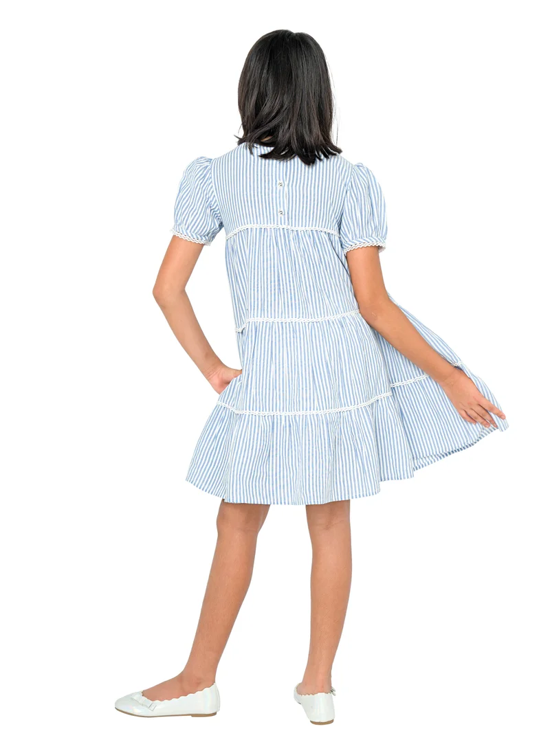 babyqlo Pure cotton sky blue stripe knee length dress with short sleeve for girls