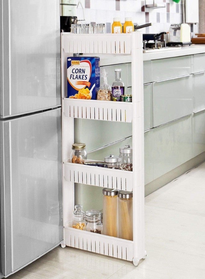 OANGO 4 Tier Space Saving Storage Organizer Slim Rack Shelf with Wheels Slim Slide Out Kitchen Trolley Rack Holder Storage Organizer for Kitchen/Bathroom/Bedroom (White) - Image 3