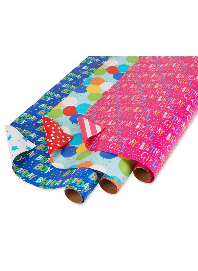 American Greetings Reversible Birthday Wrapping Paper Stars Polka Dots And Balloons (3 Pack 120 Sq. Ft)  - Image 1