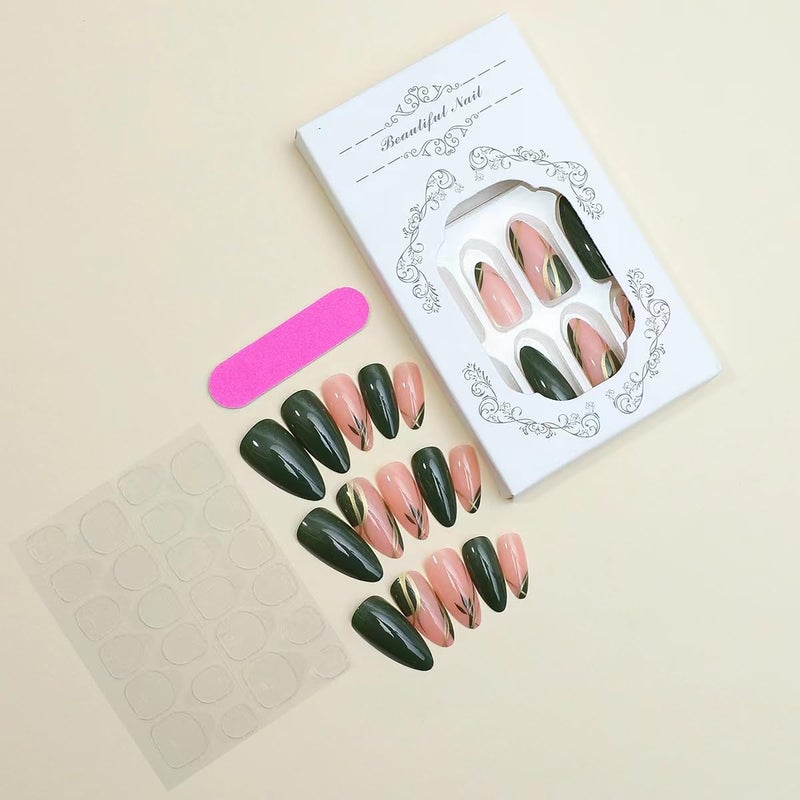 CTTHNBD Almond Press on Nails Medium - Dark Green Fake Nails with Gold Line Design - Fall Stick on False Nails - for Women 24 Pcs - Image 5