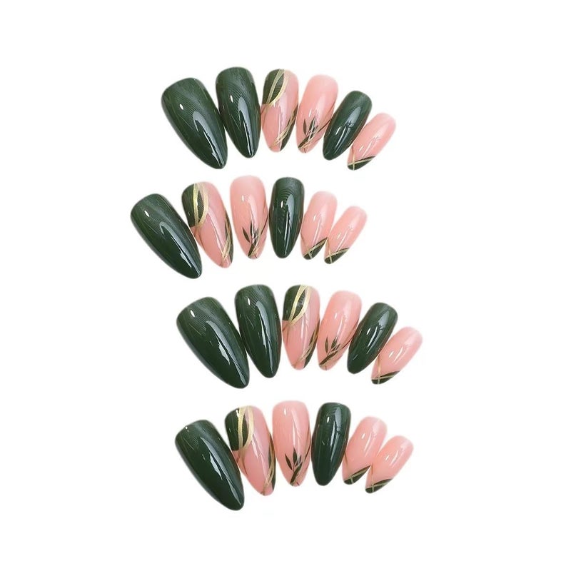 CTTHNBD Almond Press on Nails Medium - Dark Green Fake Nails with Gold Line Design - Fall Stick on False Nails - for Women 24 Pcs - Image 2