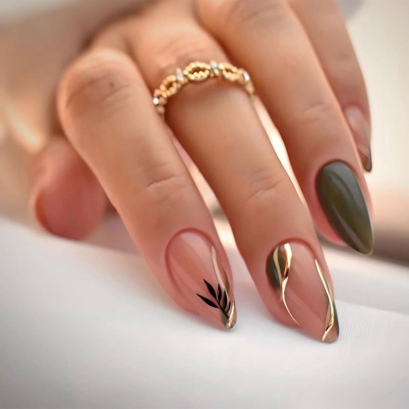 CTTHNBD Almond Press on Nails Medium - Dark Green Fake Nails with Gold Line Design - Fall Stick on False Nails - for Women 24 Pcs - Image 1