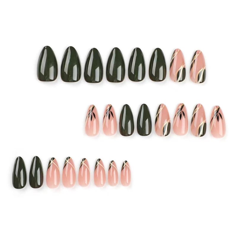 CTTHNBD Almond Press on Nails Medium - Dark Green Fake Nails with Gold Line Design - Fall Stick on False Nails - for Women 24 Pcs - Image 3