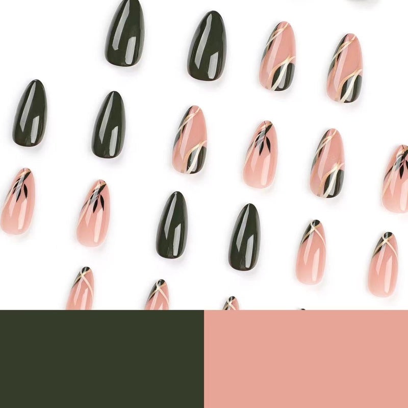 CTTHNBD Almond Press on Nails Medium - Dark Green Fake Nails with Gold Line Design - Fall Stick on False Nails - for Women 24 Pcs - Image 4