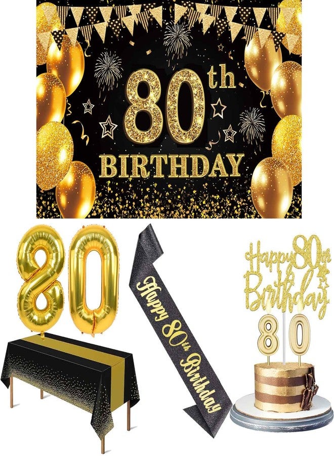 YeohJoy 80th Birthday Decorations Men Women with 80th Birthday Banner, Black and Gold Table Cloth, 80 Number Balloons, 80th Birthday Sash, 80th Birthday Cake Topper and 80th Birthday Candles - Image 1