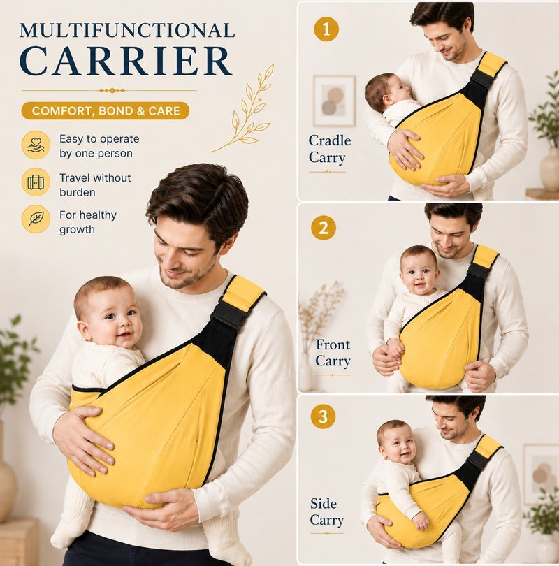 Earss Adjustable Baby Carrier Sling for Newborn & Toddler 0-18 Months | Lightweight One Shoulder Baby Holding Carrier | Comfortable Ergonomic Portable Infant Wrap Carrier with Safety Buckle & Soft Fabric | Yellow Color - Image 2