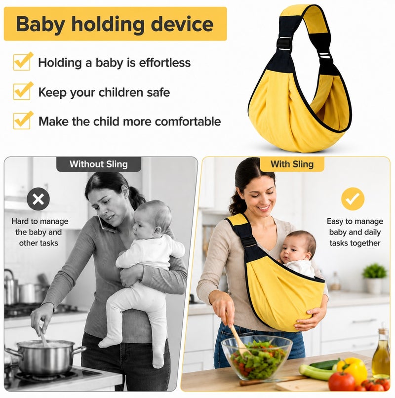 Earss Adjustable Baby Carrier Sling for Newborn & Toddler 0-18 Months | Lightweight One Shoulder Baby Holding Carrier | Comfortable Ergonomic Portable Infant Wrap Carrier with Safety Buckle & Soft Fabric | Yellow Color - Image 5