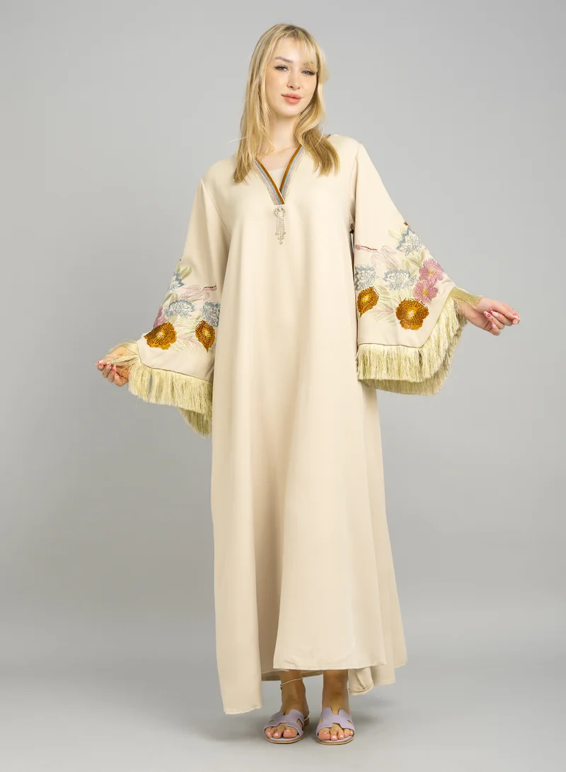 IKKXA Shimmer Detail Sleeves Embroidered Jalabiya CJ1078 Beige