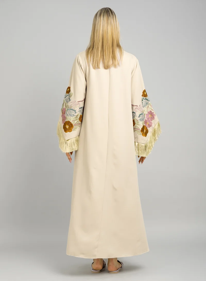 IKKXA Shimmer Detail Sleeves Embroidered Jalabiya CJ1078 Beige